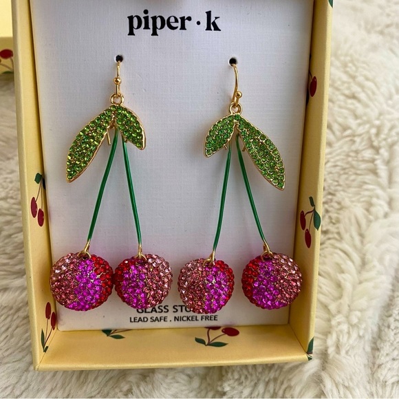 Crystal Cherry Statement Dangle Earrings Pink Green NIB - Picture 10 of 10